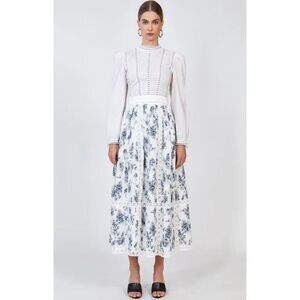 HUNTER BELL White and Blue Floral Midi Skirt